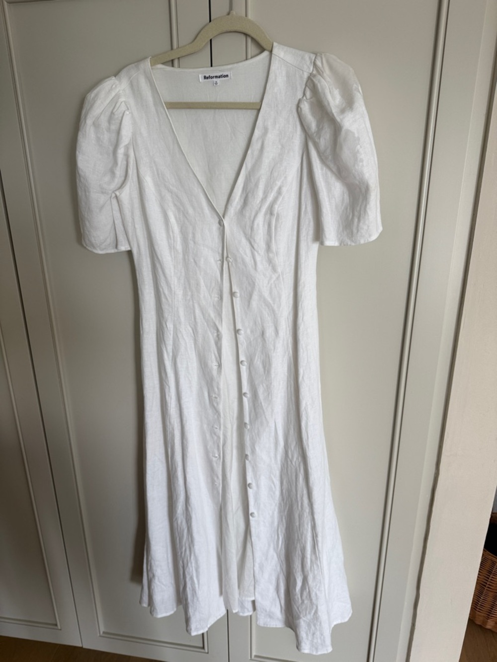 Reformation White  V-Neck Button Midi Dress with Puff Sleeves